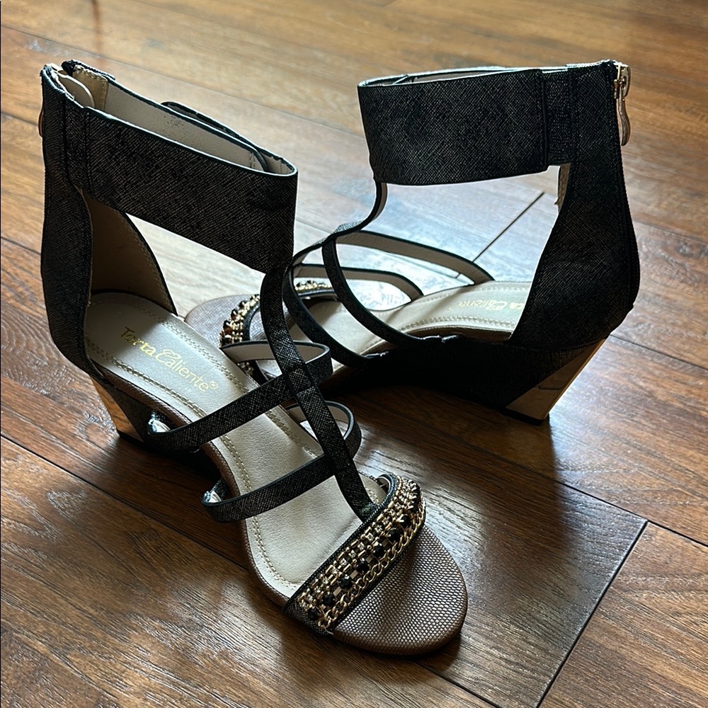 Women’s Black and Gold Strappy Heels with Metallic Accents & Diamond Gems Detail